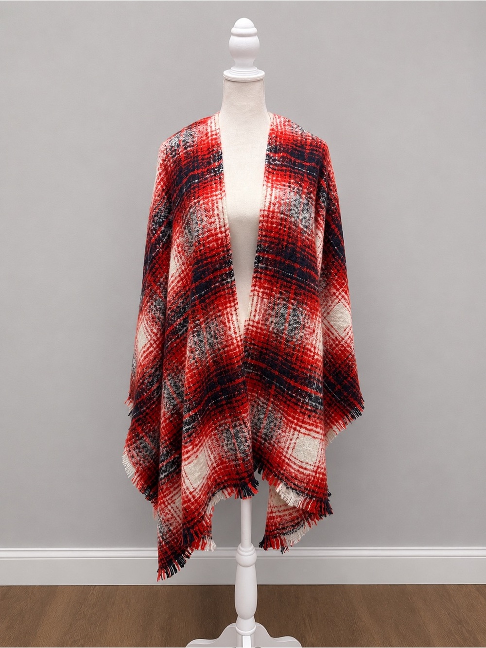 GAP Red Plaid Ruana Poncho Cape Wrap One Size Fringe Open Front Cozy Acrylic NWT